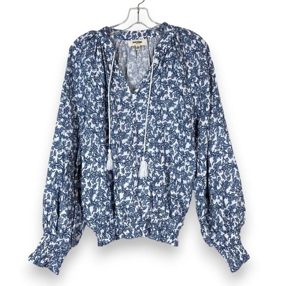 Anthropologie Top Blouse Peasant Boho Floral Elisabeth Gauze Smocked Blue Small - Picture 1 of 9